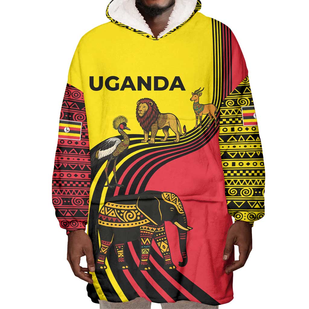 Uganda Wearable Blanket Hoodie - African Wildlife Elephant Lion and Crane in Tribal Pattern Design