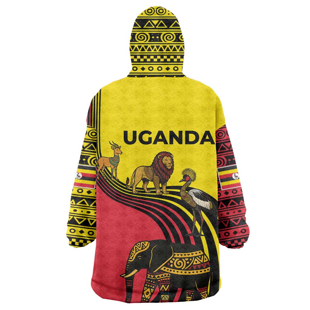Uganda Wearable Blanket Hoodie - African Wildlife Elephant Lion and Crane in Tribal Pattern Design