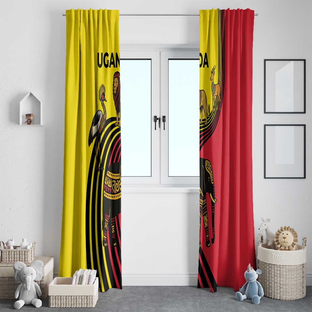 Uganda Window Curtain - African Wildlife Elephant Lion and Crane in Tribal Pattern Design