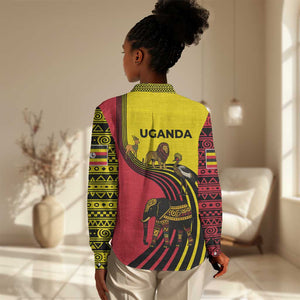 Uganda Women Casual Shirt - African Wildlife Elephant Lion and Crane in Tribal Pattern Design
