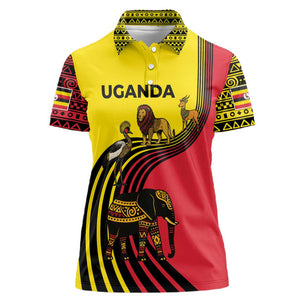Uganda Women Polo Shirt - African Wildlife Elephant Lion and Crane in Tribal Pattern Design
