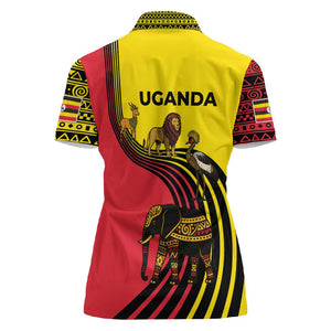 Uganda Women Polo Shirt - African Wildlife Elephant Lion and Crane in Tribal Pattern Design