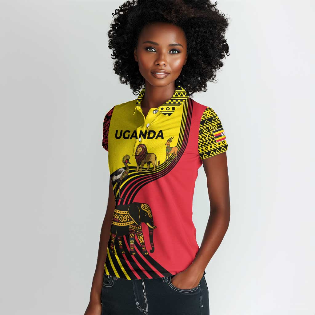 Uganda Women Polo Shirt - African Wildlife Elephant Lion and Crane in Tribal Pattern Design