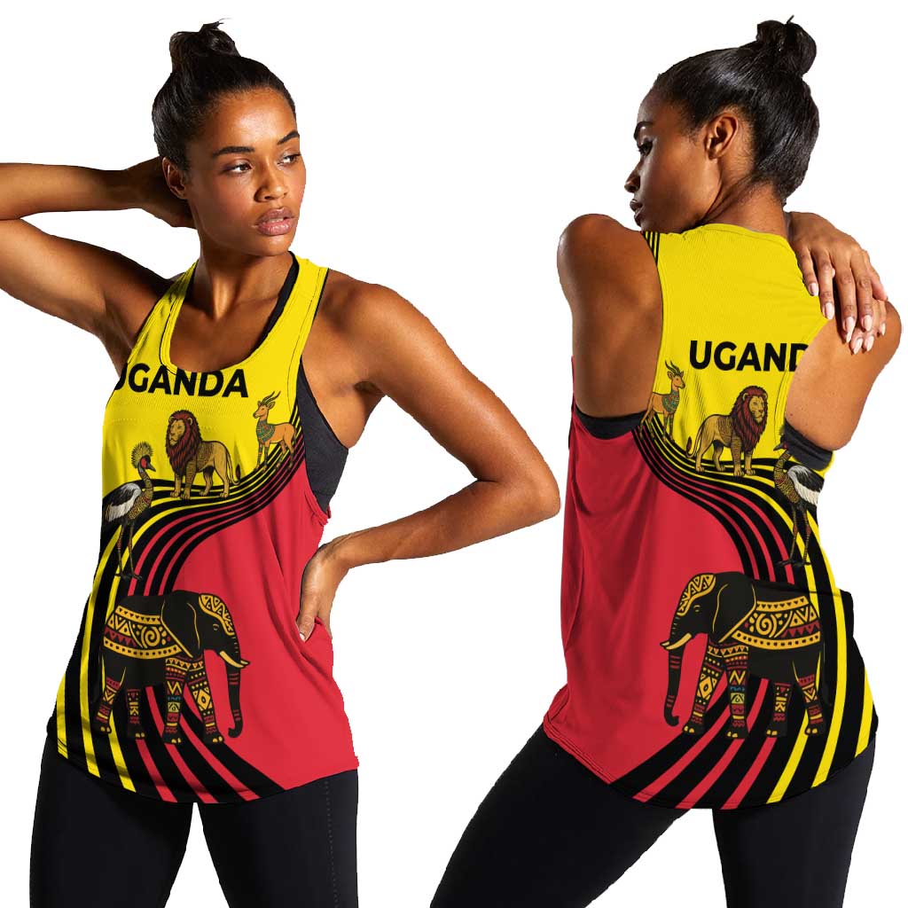 Uganda Women Racerback Tank - African Wildlife Elephant Lion and Crane in Tribal Pattern Design