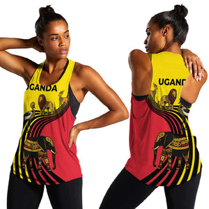 Uganda Women Racerback Tank - African Wildlife Elephant Lion and Crane in Tribal Pattern Design