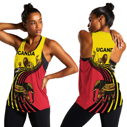 Uganda Women Racerback Tank - African Wildlife Elephant Lion and Crane in Tribal Pattern Design