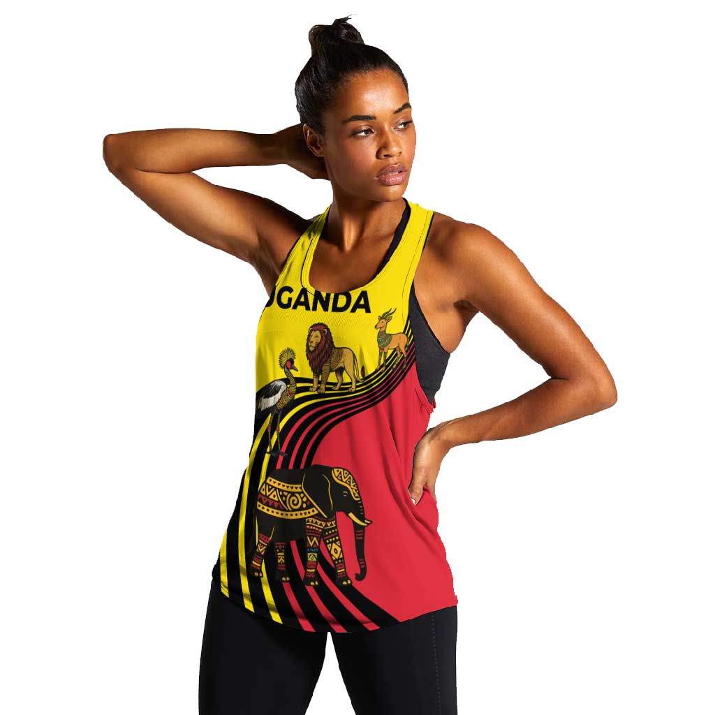 Uganda Women Racerback Tank - African Wildlife Elephant Lion and Crane in Tribal Pattern Design