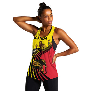 Uganda Women Racerback Tank - African Wildlife Elephant Lion and Crane in Tribal Pattern Design