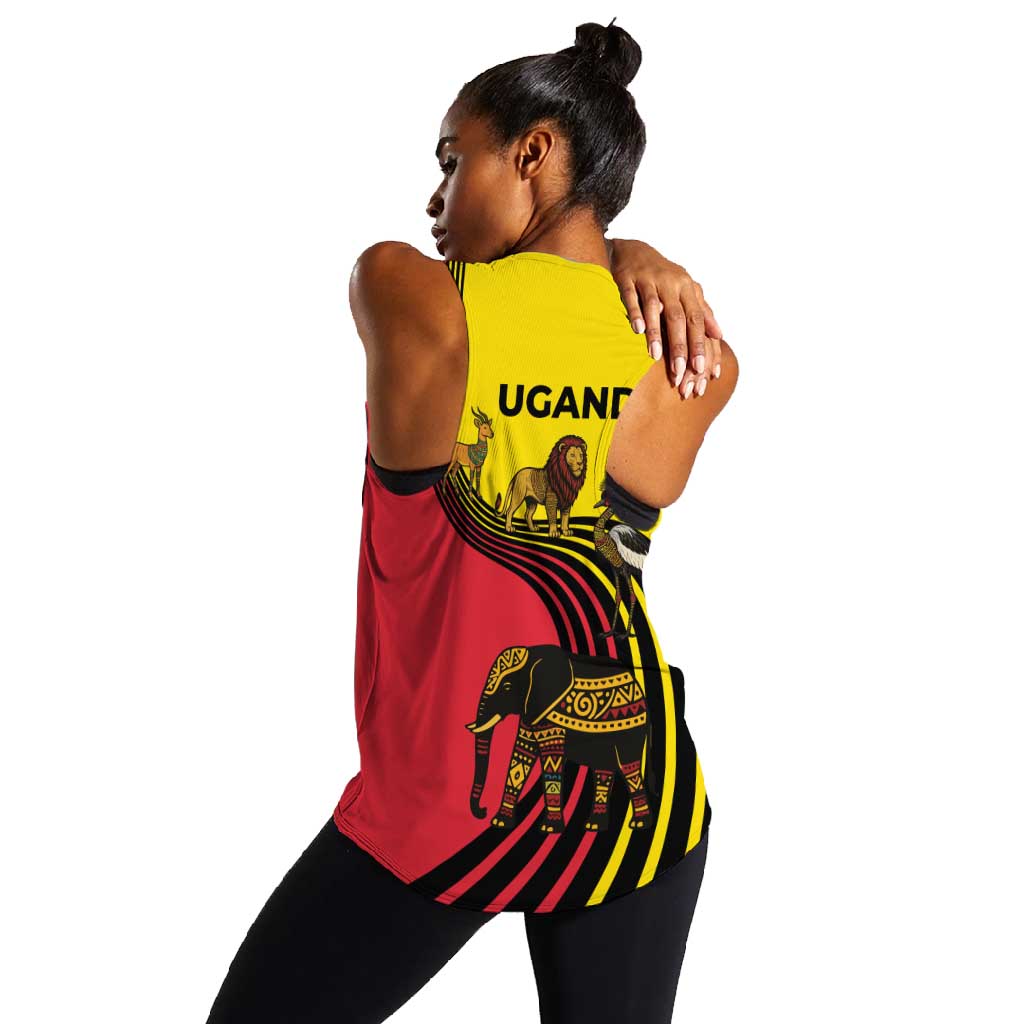 Uganda Women Racerback Tank - African Wildlife Elephant Lion and Crane in Tribal Pattern Design