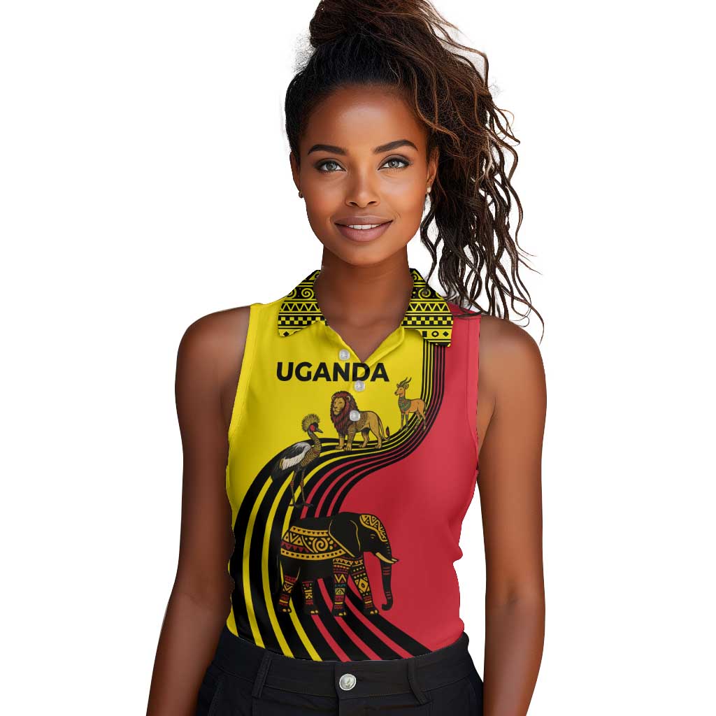 Uganda Women Sleeveless Polo Shirt - African Wildlife Elephant Lion and Crane in Tribal Pattern Design