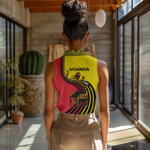 Uganda Women Sleeveless Polo Shirt - African Wildlife Elephant Lion and Crane in Tribal Pattern Design