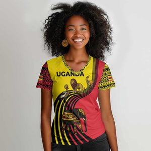 Uganda Women V-Neck T-Shirt - African Wildlife Elephant Lion and Crane in Tribal Pattern Design