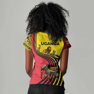 Uganda Women V-Neck T-Shirt - African Wildlife Elephant Lion and Crane in Tribal Pattern Design