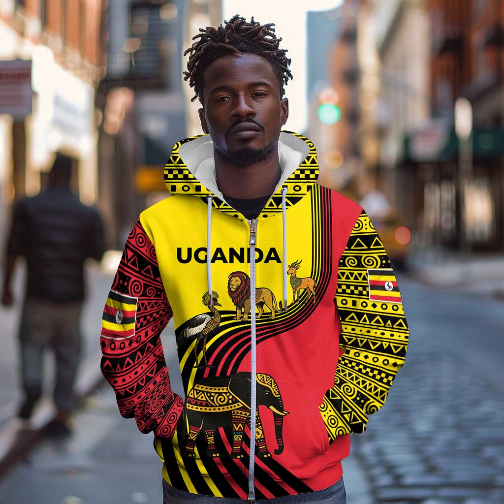 Uganda Zip Hoodie - African Wildlife Elephant Lion and Crane in Tribal Pattern Design