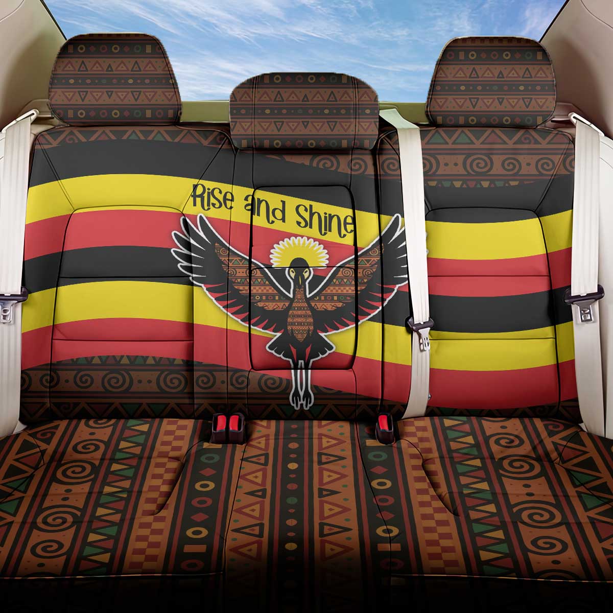 Uganda Back Car Seat Cover - Crested Crane and Rise and Shine Tribal Pattern Design