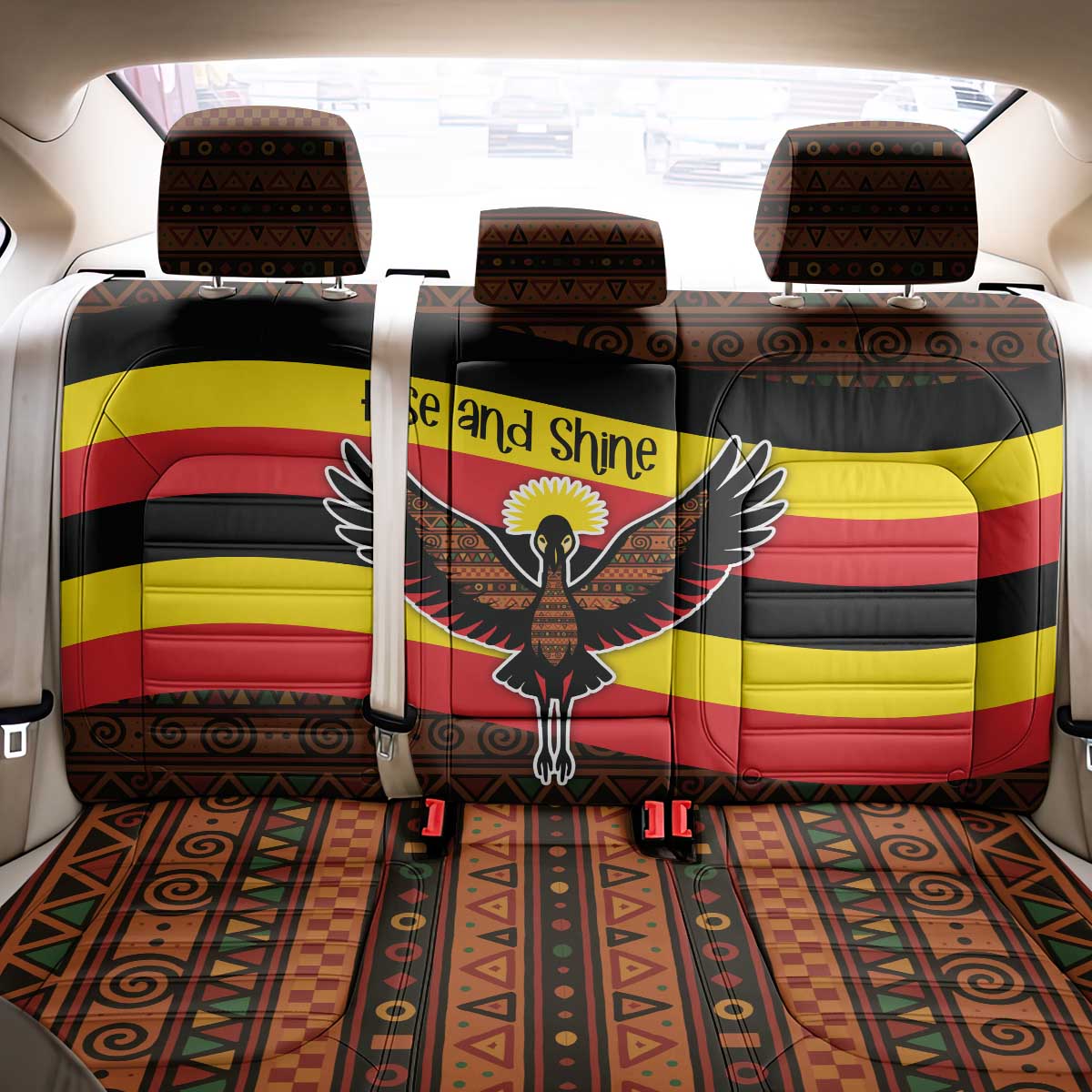 Uganda Back Car Seat Cover - Crested Crane and Rise and Shine Tribal Pattern Design