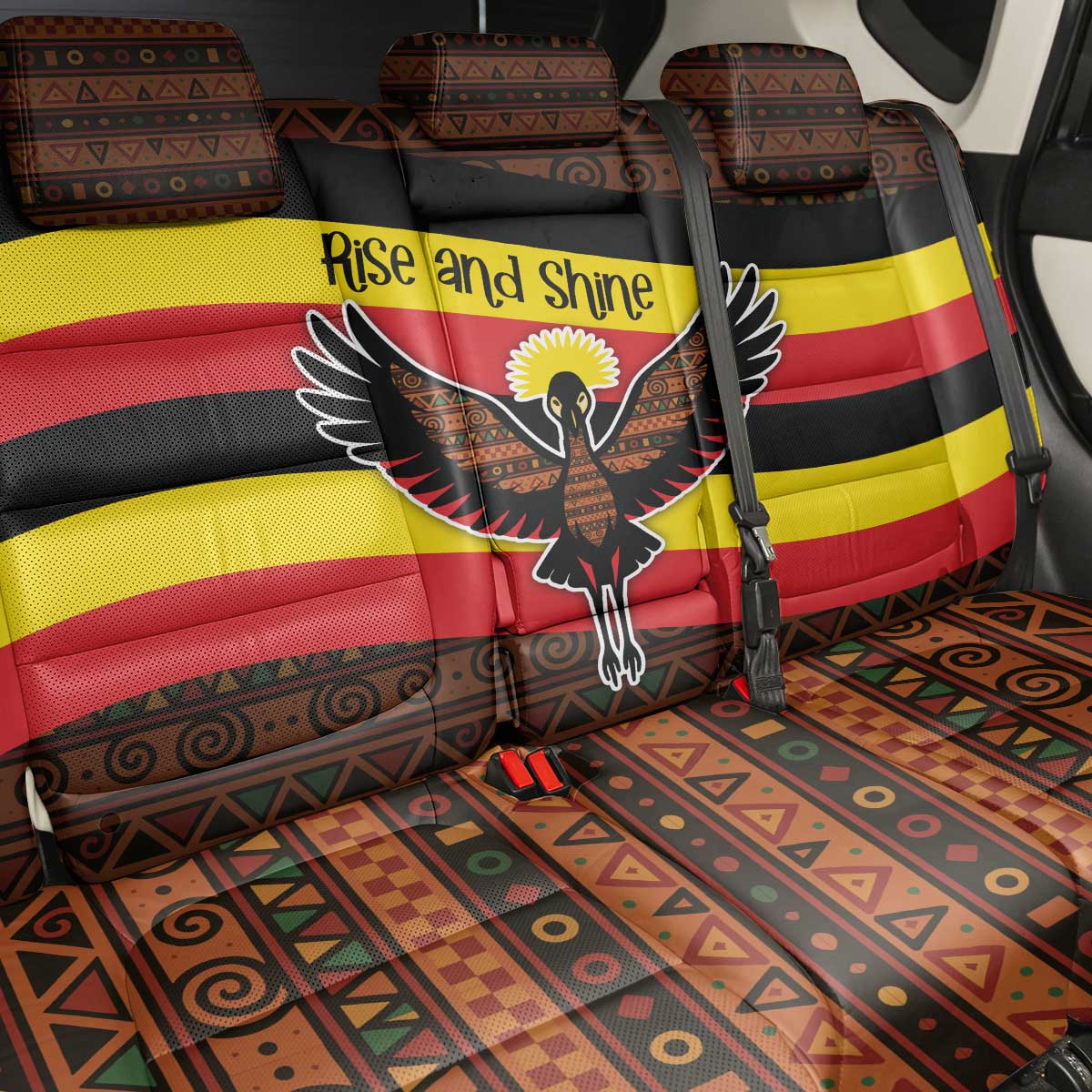 Uganda Back Car Seat Cover - Crested Crane and Rise and Shine Tribal Pattern Design