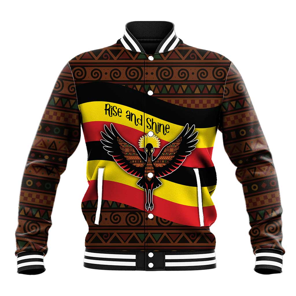 Uganda Baseball Jacket - Crested Crane and Rise and Shine Tribal Pattern Design