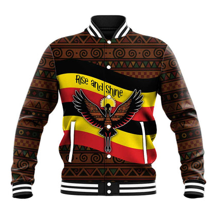 Uganda Baseball Jacket - Crested Crane and Rise and Shine Tribal Pattern Design