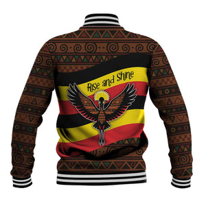 Uganda Baseball Jacket - Crested Crane and Rise and Shine Tribal Pattern Design