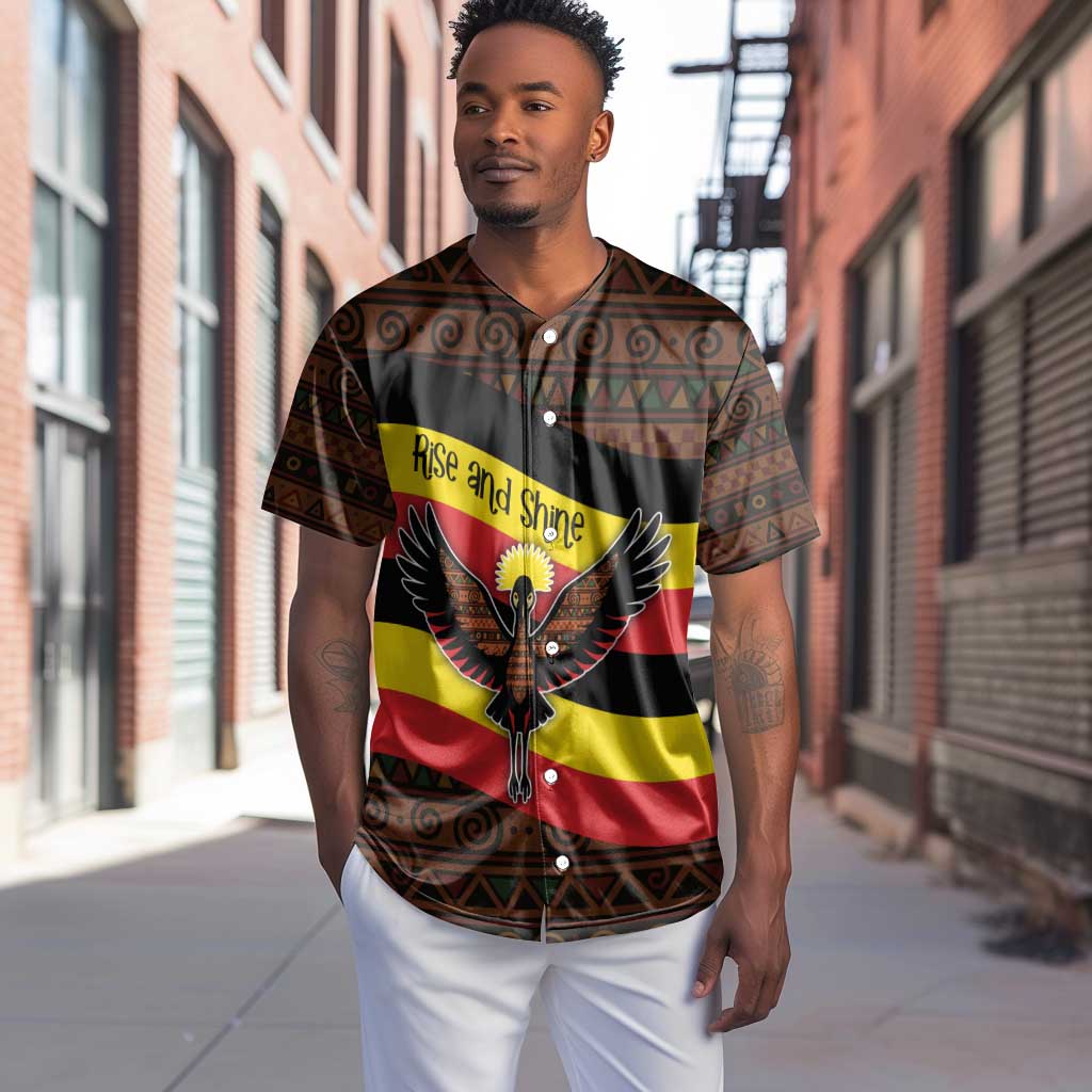 Uganda Baseball Jersey - Crested Crane and Rise and Shine Tribal Pattern Design