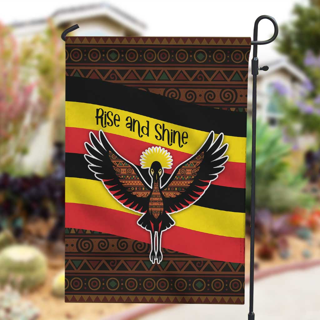 Uganda Garden Flag - Crested Crane and Rise and Shine Tribal Pattern Design