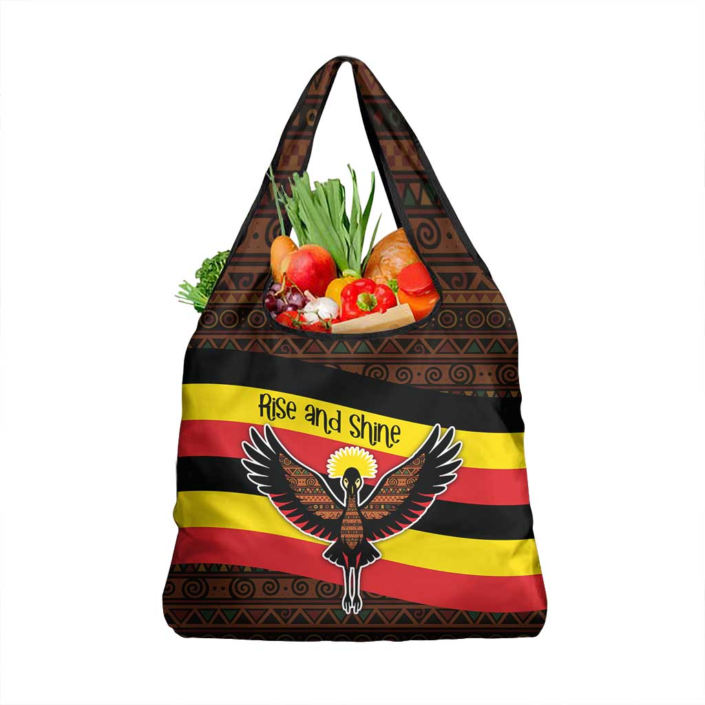 Uganda Grocery Bag - Crested Crane and Rise and Shine Tribal Pattern Design