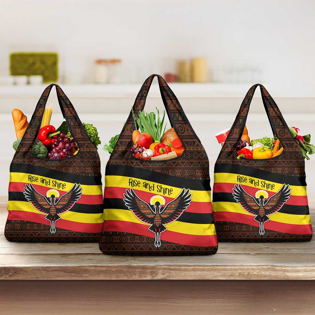 Uganda Grocery Bag - Crested Crane and Rise and Shine Tribal Pattern Design