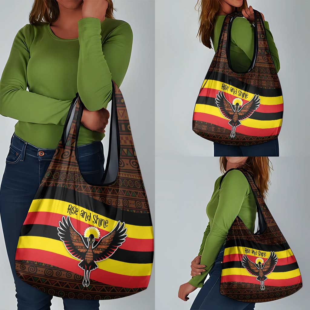 Uganda Grocery Bag - Crested Crane and Rise and Shine Tribal Pattern Design