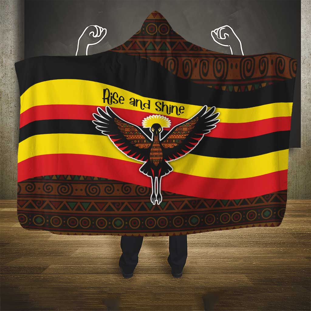 Uganda Hooded Blanket - Crested Crane and Rise and Shine Tribal Pattern Design