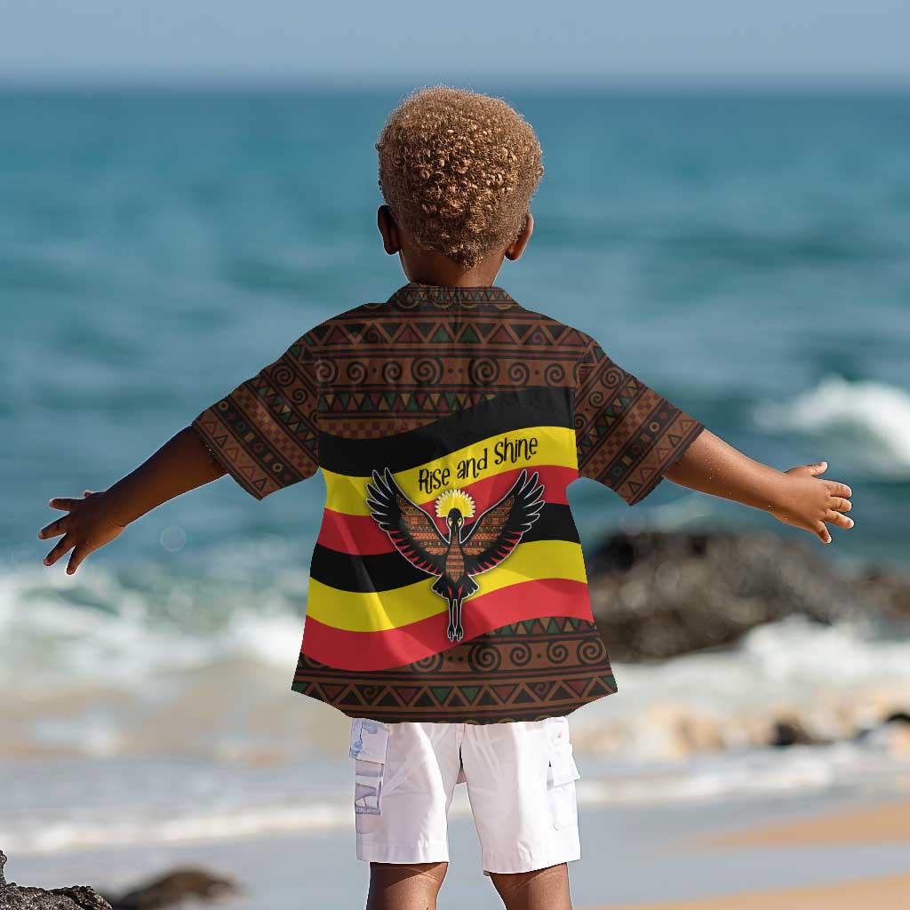 Uganda Kid Hawaiian Shirt - Crested Crane and Rise and Shine Tribal Pattern Design