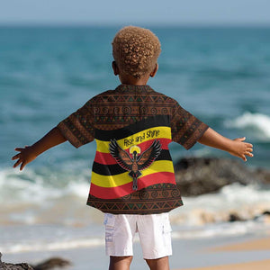 Uganda Kid Hawaiian Shirt - Crested Crane and Rise and Shine Tribal Pattern Design