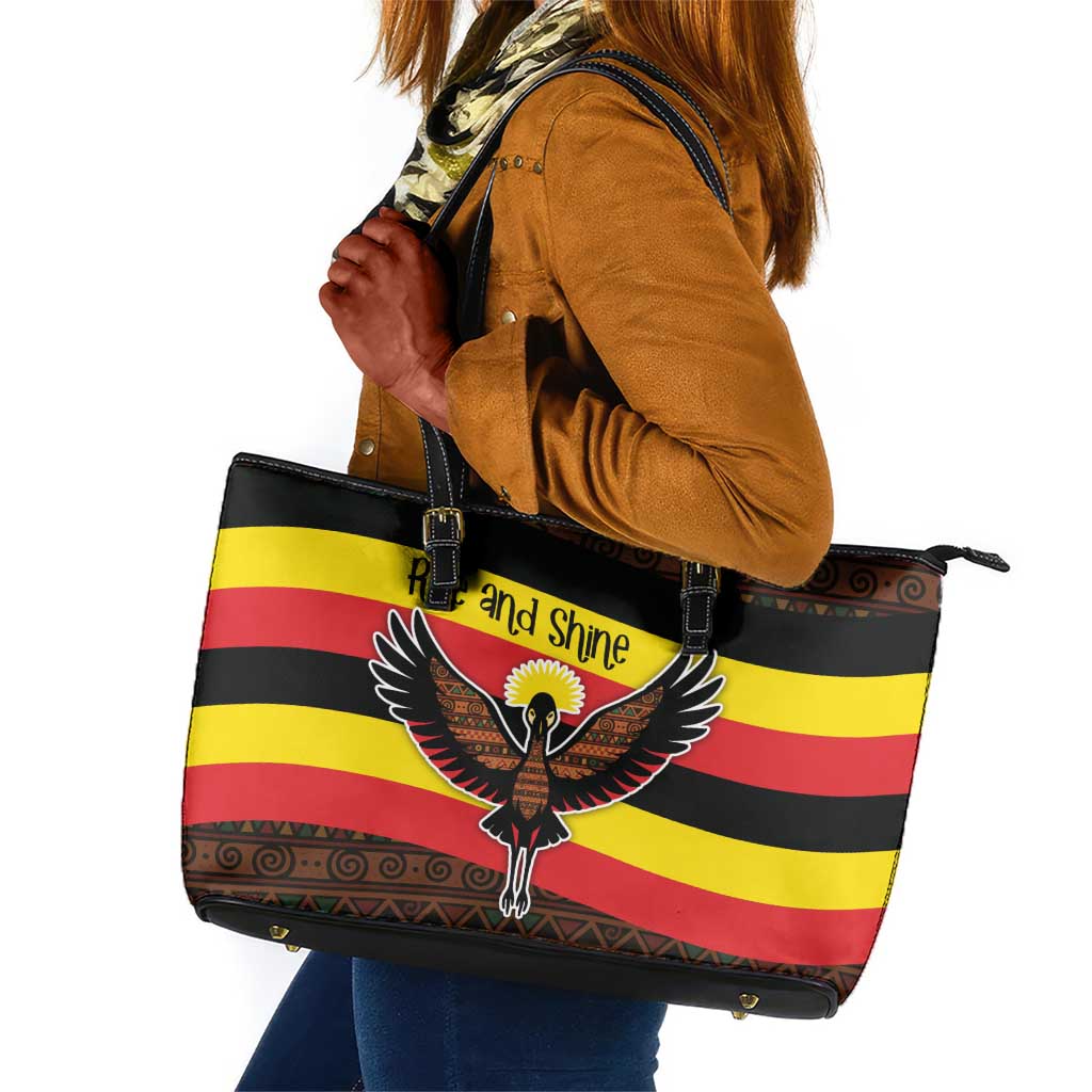 Uganda Leather Tote Bag - Crested Crane and Rise and Shine Tribal Pattern Design