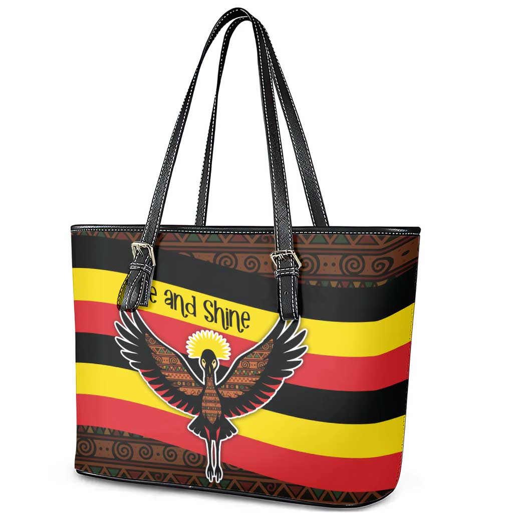 Uganda Leather Tote Bag - Crested Crane and Rise and Shine Tribal Pattern Design