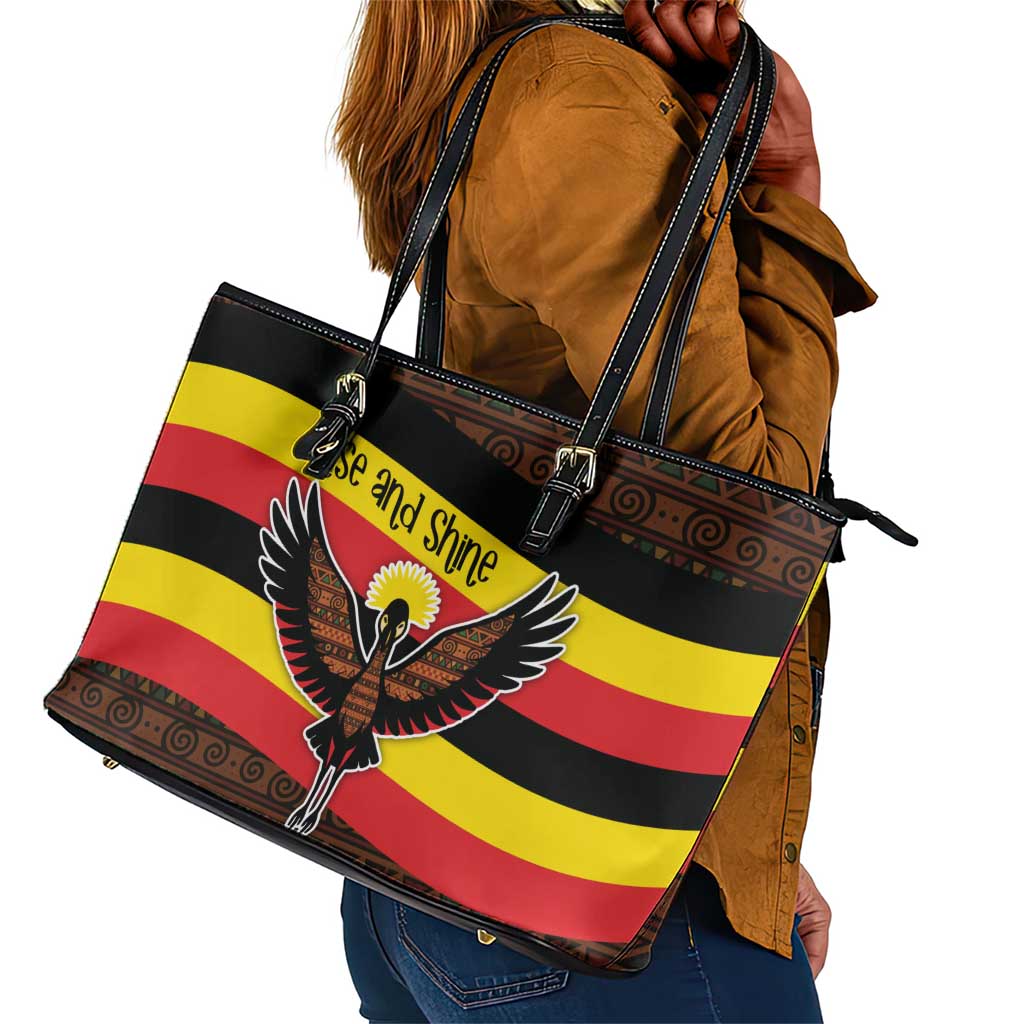 Uganda Leather Tote Bag - Crested Crane and Rise and Shine Tribal Pattern Design