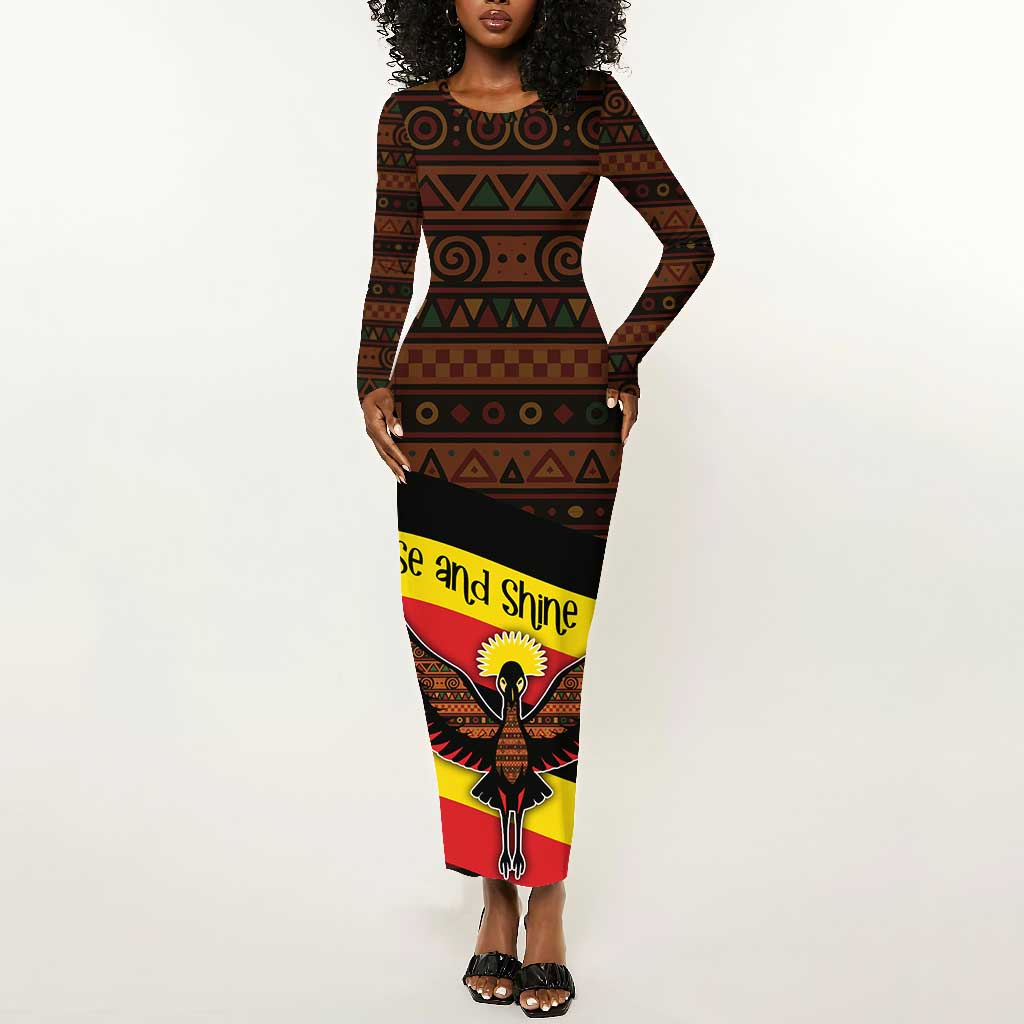 Uganda Long Sleeve Bodycon Dress - Crested Crane and Rise and Shine Tribal Pattern Design TS04