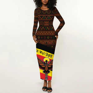 Uganda Long Sleeve Bodycon Dress - Crested Crane and Rise and Shine Tribal Pattern Design TS04