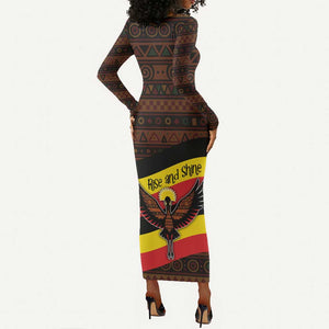 Uganda Long Sleeve Bodycon Dress - Crested Crane and Rise and Shine Tribal Pattern Design TS04