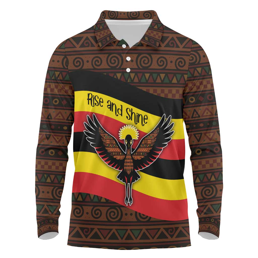 Uganda Long Sleeve Polo Shirt - Crested Crane and Rise and Shine Tribal Pattern Design