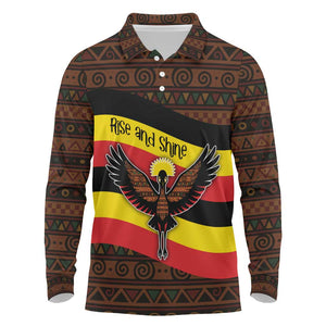 Uganda Long Sleeve Polo Shirt - Crested Crane and Rise and Shine Tribal Pattern Design