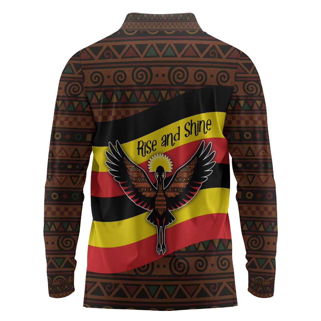 Uganda Long Sleeve Polo Shirt - Crested Crane and Rise and Shine Tribal Pattern Design