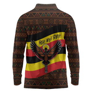 Uganda Long Sleeve Polo Shirt - Crested Crane and Rise and Shine Tribal Pattern Design