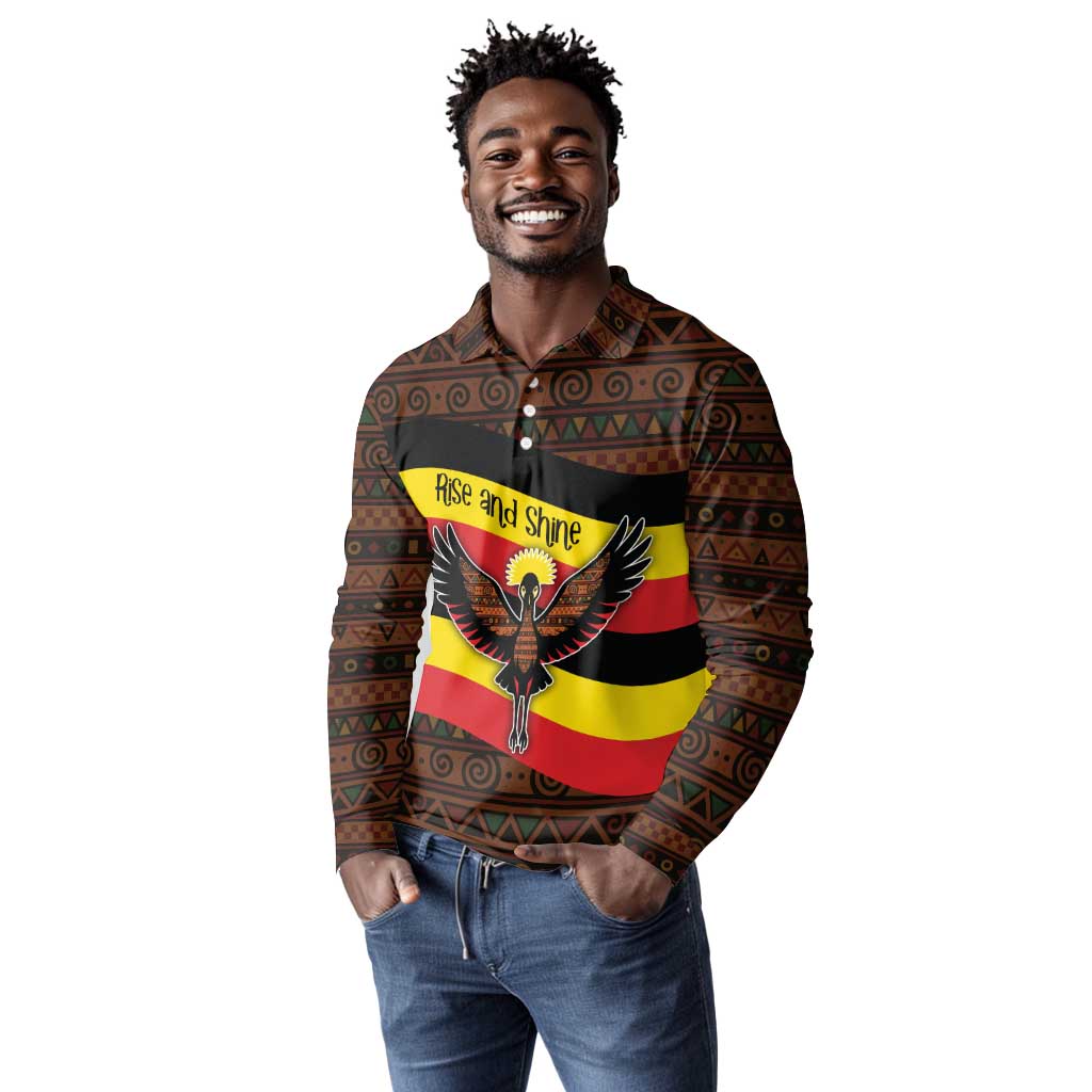 Uganda Long Sleeve Polo Shirt - Crested Crane and Rise and Shine Tribal Pattern Design