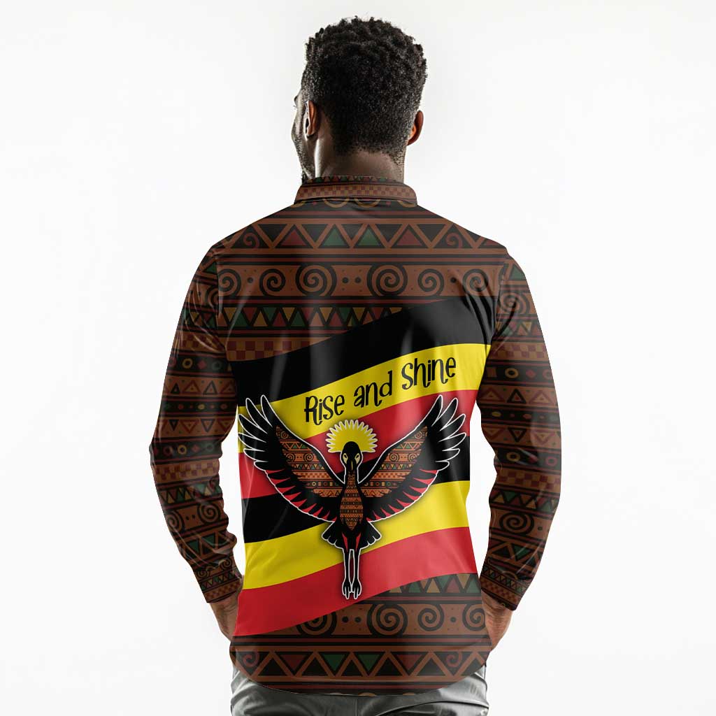 Uganda Long Sleeve Polo Shirt - Crested Crane and Rise and Shine Tribal Pattern Design