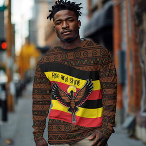 Uganda Long Sleeve Shirt - Crested Crane and Rise and Shine Tribal Pattern Design