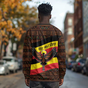 Uganda Long Sleeve Shirt - Crested Crane and Rise and Shine Tribal Pattern Design