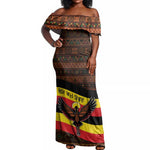 Uganda Off Shoulder Maxi Dress - Crested Crane and Rise and Shine Tribal Pattern Design