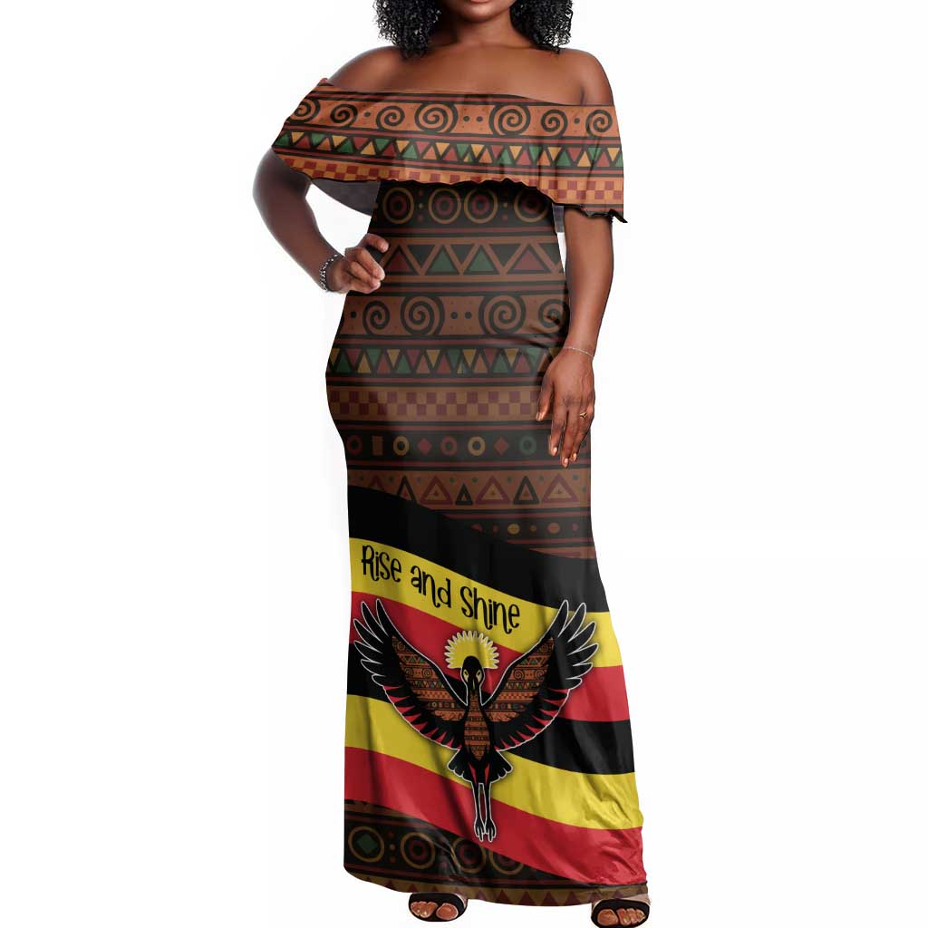 Uganda Off Shoulder Maxi Dress - Crested Crane and Rise and Shine Tribal Pattern Design