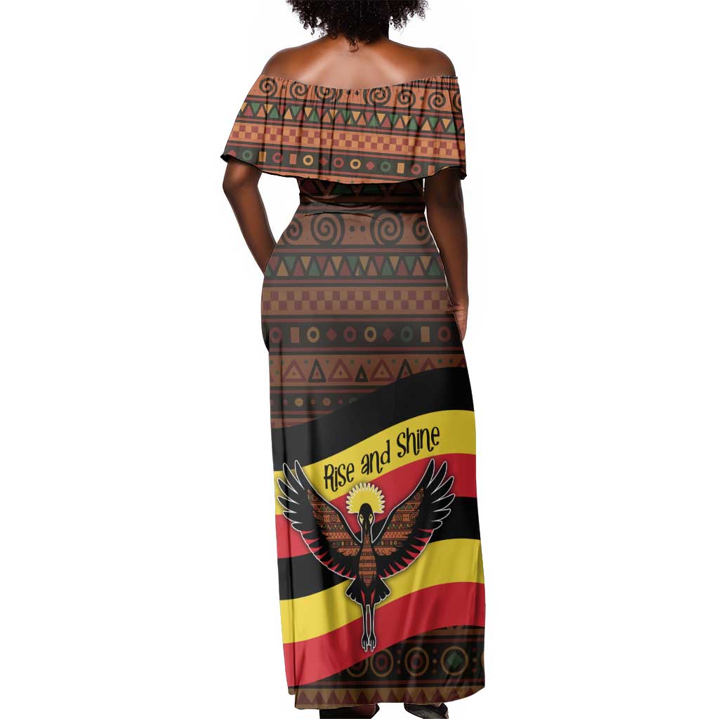 Uganda Off Shoulder Maxi Dress - Crested Crane and Rise and Shine Tribal Pattern Design