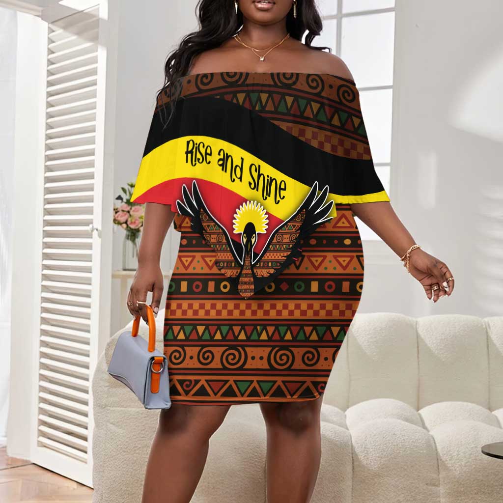 Uganda Off Shoulder Short Dress - Crested Crane and Rise and Shine Tribal Pattern Design